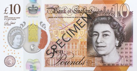 Nowy Banknot 10 Funtów Szterlingów Brytyjskich - Polimer Przód (£10)(10 pound note polymer front)