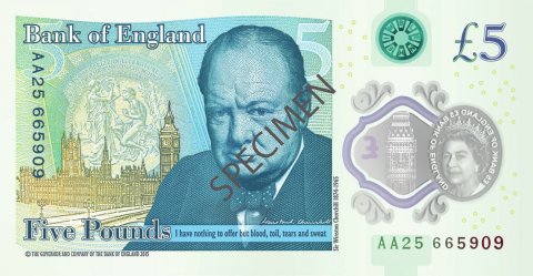 5 funtów szterlingów brytyjskich nowe (polimer tył)(£5)(New 5 pound note polymer back)