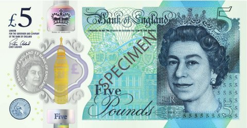Banknot 5 funtów szterlingów brytyjskich nowe (polimer przód)(£5)(New 5 pound note polymer front)