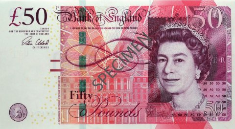 Banknot 50 funtów szterlingów brytyjskich - papier przód (£50)(50 pound note paper front)