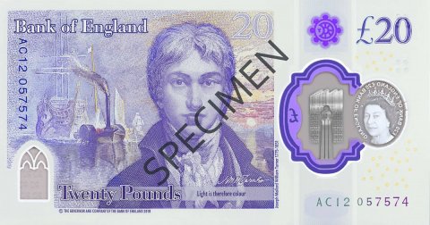 Nowy Banknot 20 Funtów Szterlingów Brytyjskich - Polimer Tył (£20)(20 pound note polymer back)